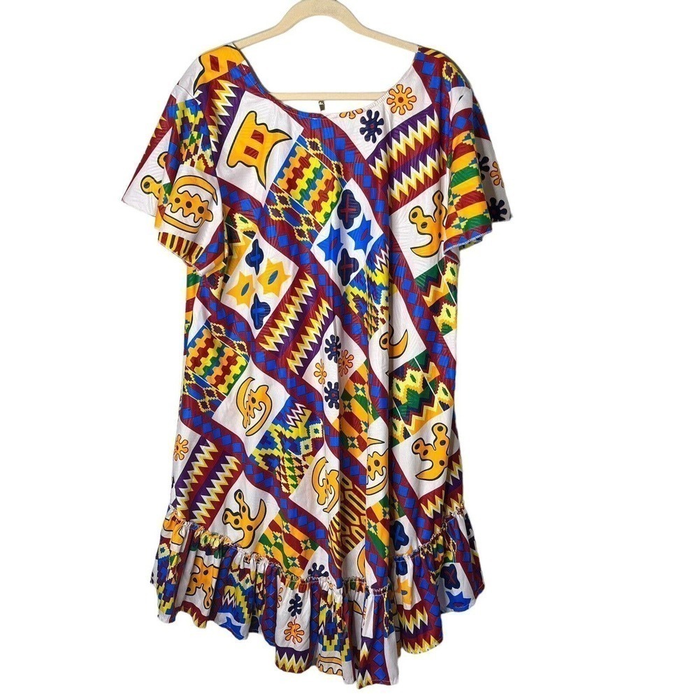 LAPOGEE Size 3X Dress Ethnic Tribal Bold Print Ruffle Hem Pockets Midi Colorful - Picture 1 of 7